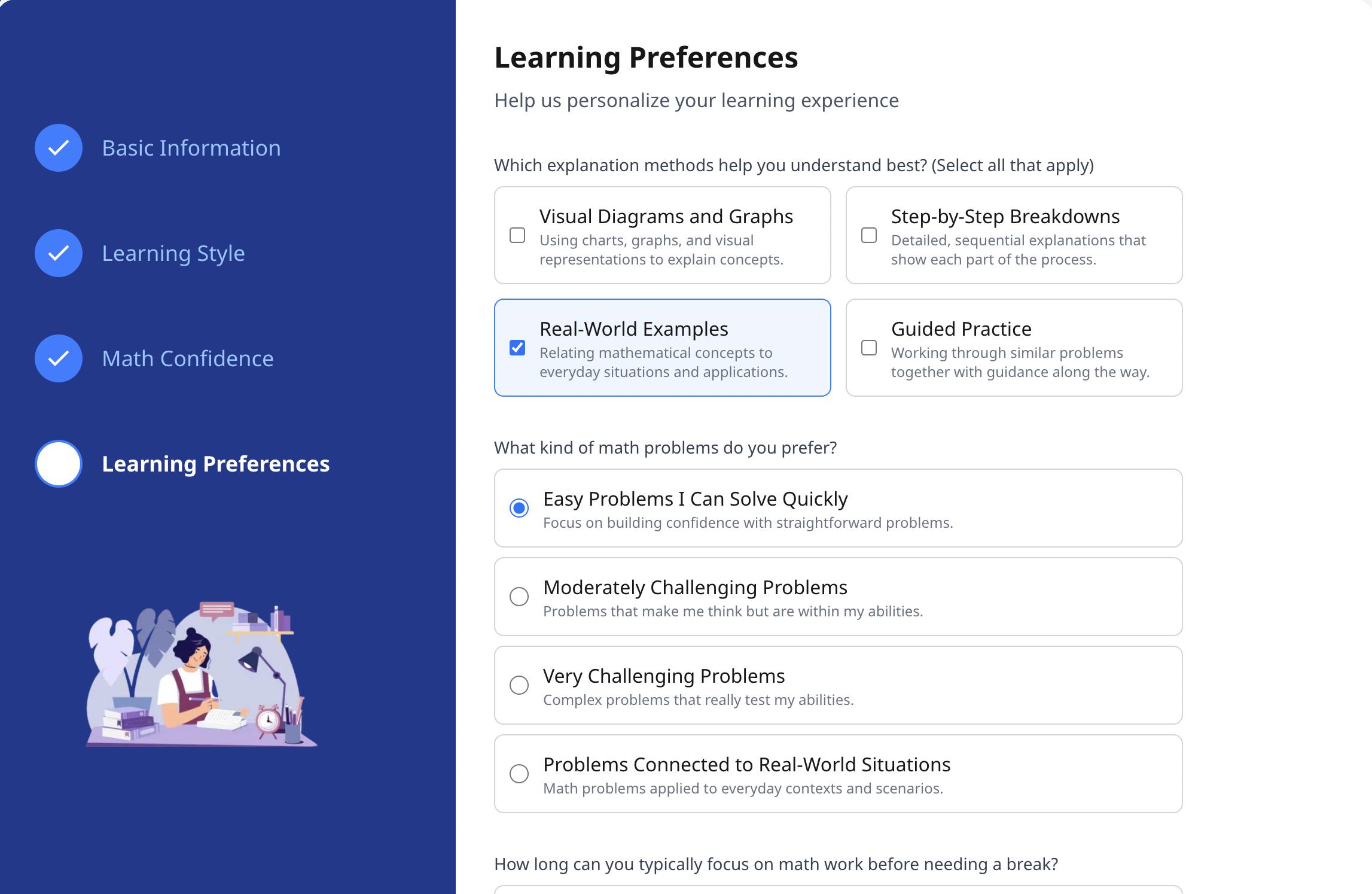 Learning Preferences Interface showing personalized learning options and student preferences